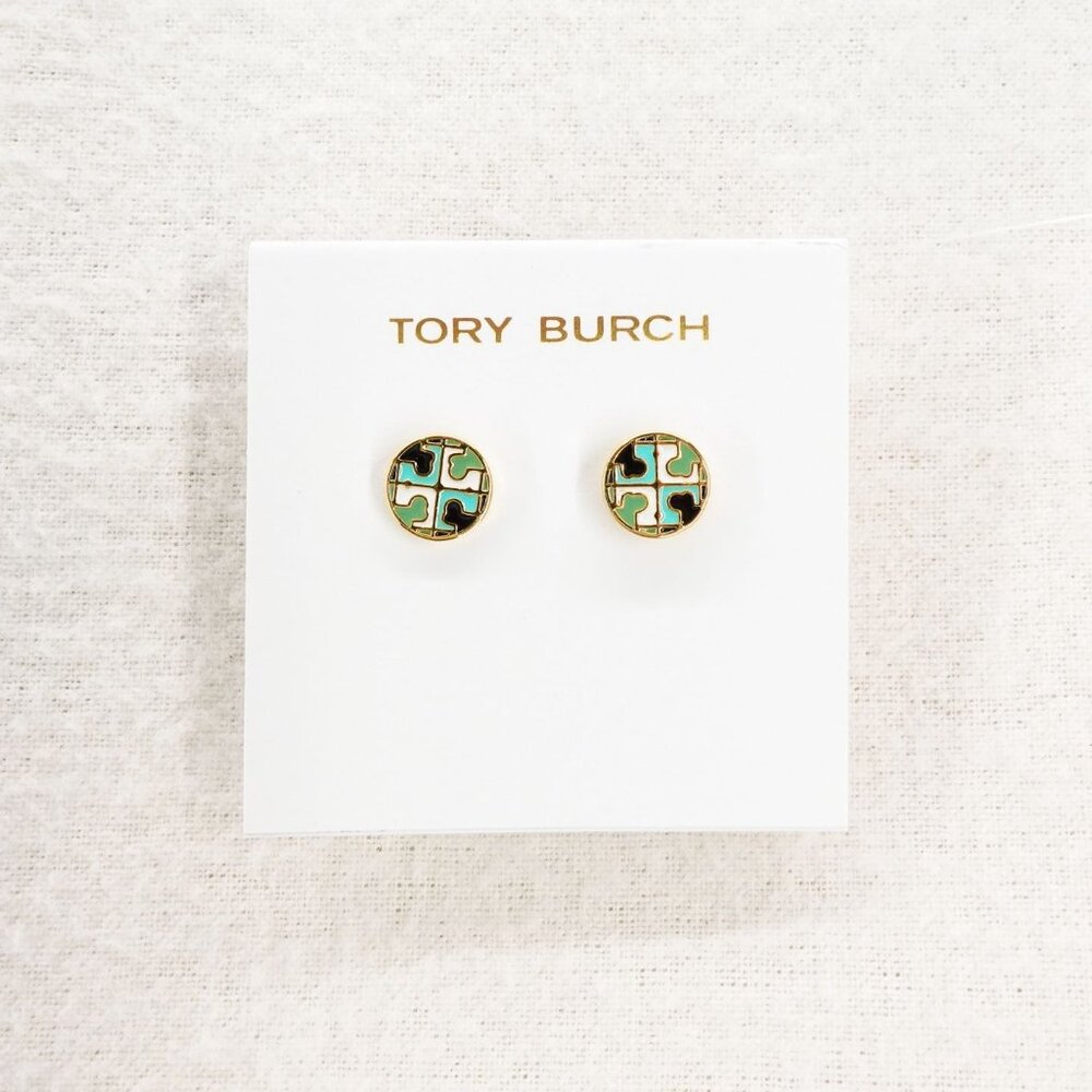 Tory Burch Kira Enamel Circle Stud Earrings Tory Navy/Agave/Multi OS - Picture 4 of 7